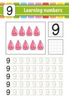 Learning numbers for kids. Handwriting practice. Education developing worksheet. Activity page. Game for toddlers and preschoolers. Isolated vector illustration in cute cartoon style.