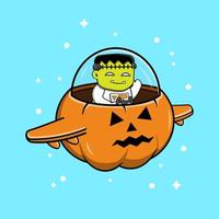 Frankenstein Riding Spaceship Cartoon Vector Illustration. Halloween Character Icon.