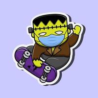 Frankenstein Wear a Mask Playing Skateboard Vector Illustration.