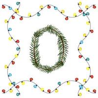 Number zero from green Christmas tree branches. Festive font and frame from garland, symbol of happy New Year and Christmas, character for date decoration vector