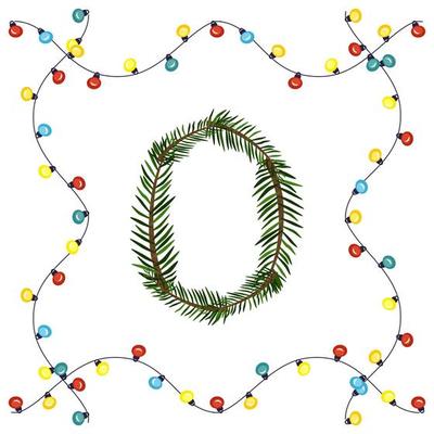 Number zero from green Christmas tree branches. Festive font and frame from garland, symbol of happy New Year and Christmas, character for date decoration