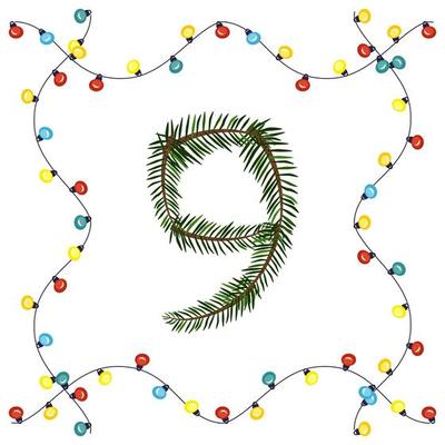 Number nine from green Christmas tree branches. Festive font and frame from garland, symbol of happy New Year and Christmas, character for date decoration