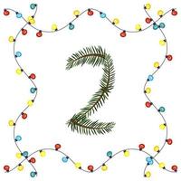 Number two from green Christmas tree branches. Festive font and frame from garland, symbol of happy New Year and Christmas, character for date decoration vector