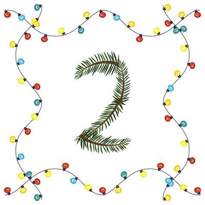 Number two from green Christmas tree branches. Festive font and frame from garland, symbol of happy New Year and Christmas, character for date decoration