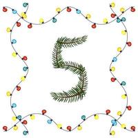 Number five from green Christmas tree branches. Festive font and frame from garland, symbol of happy New Year and Christmas, character for date decoration vector