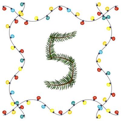 Number five from green Christmas tree branches. Festive font and frame from garland, symbol of happy New Year and Christmas, character for date decoration