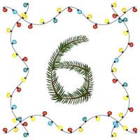 Number six from green Christmas tree branches. Festive font and frame from garland, symbol of happy New Year and Christmas, character for date decoration vector