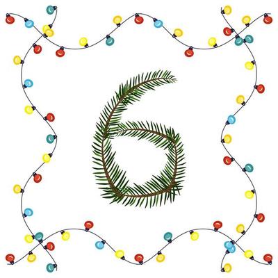 Number six from green Christmas tree branches. Festive font and frame from garland, symbol of happy New Year and Christmas, character for date decoration