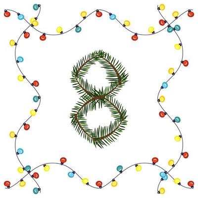Number eight from green Christmas tree branches. Festive font and frame from garland, symbol of happy New Year and Christmas, character for date decoration
