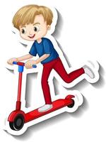 Boy rides on a scooter cartoon sticker vector