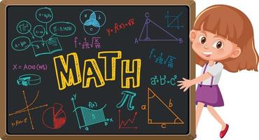 Chica con pizarra llena de símbolo e icono de matemáticas vector