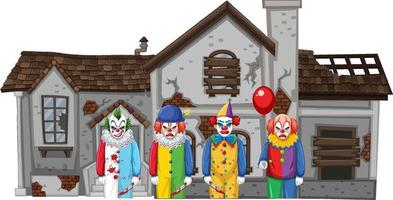 Creepy clowns standing in front of an abandoned house vector