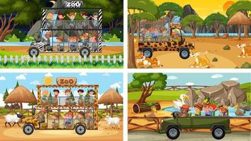 Set of different animals in safari scenes with kids vector