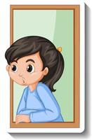 Girl looking out window cartoon sticker vector