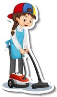 Cartoon character sticker with a house maid using vacuum cleaner vector