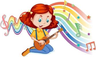 Girl playing guitar with melody symbols on rainbow wave vector