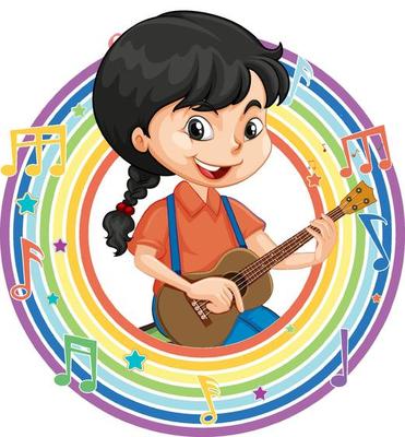 A girl playing guitar in rainbow round frame with melody symbols