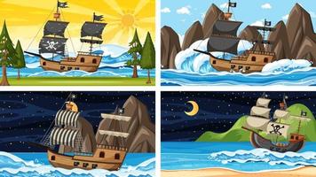 conjunto de escenas oceánicas en diferentes momentos con barco pirata en estilo de dibujos animados