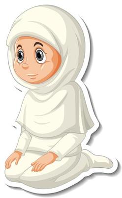 A sticker template with Muslim girl praying cartoon character