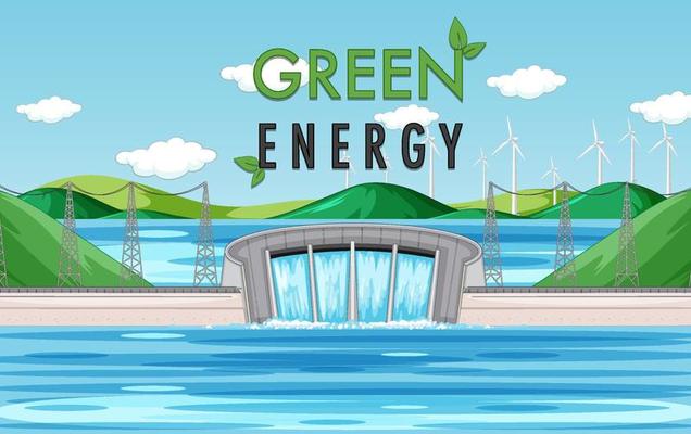 Hydro Power Plants generate electricity with green banner