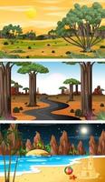 Conjunto de diferentes escenas horizontales del bosque en diferentes momentos. vector