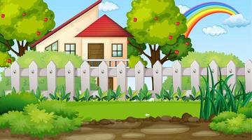 Nature landscape scene with a house and rainbow in the sky vector