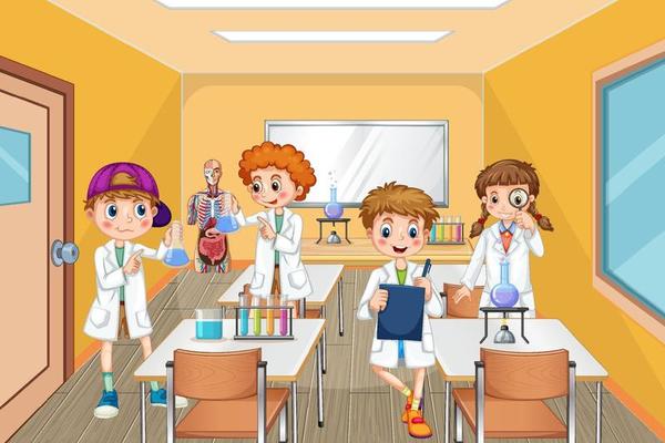 Scene with school kids doing chemistry experiment in the classroom