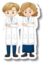 Cartoon character sticker with couple scientists in science gown vector