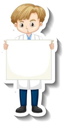 Scientist boy holding empty board cartoon character sticker