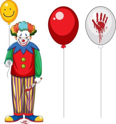 Scary clown holding balloon on white background