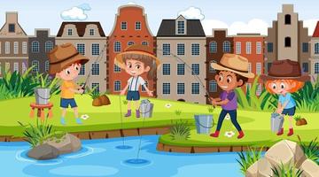escena del paisaje urbano con muchos niños pescando en el río vector
