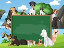 Empty blackboard with various breeds of dogs in the park vector