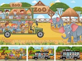 Diferentes escenas de safari con animales y personajes de dibujos animados para niños. vector