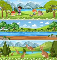 Outdoor panorama landscape scene set with cartoon character vector