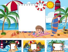 Set of different tropical beach scenes with blank banner vector