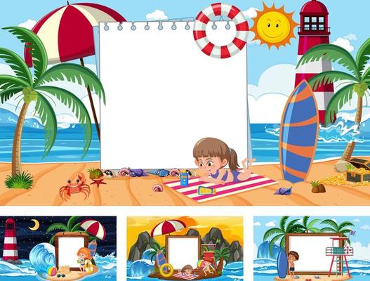 Set of different tropical beach scenes with blank banner