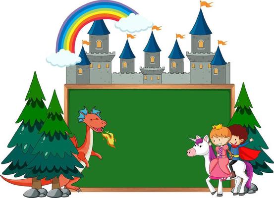 Empty chalkboard banner with fairy tale cartoon character and elements isolated