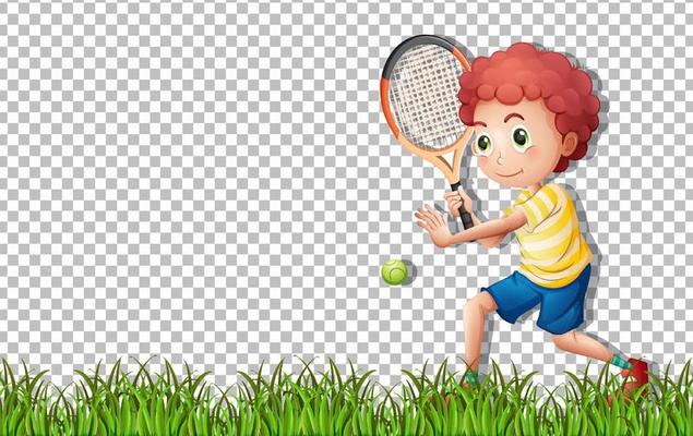 Tennis player cartoon character on grid background