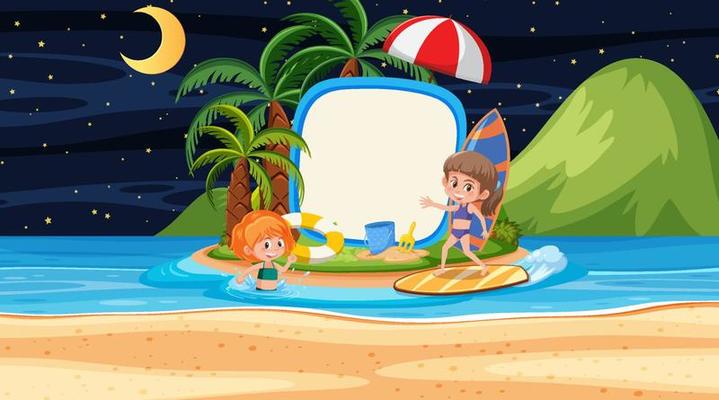 Kids on vacation at the beach night scene with an empty banner template