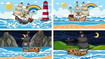 Set of Ocean with Pirate ship at different times scenes  in cartoon style vector