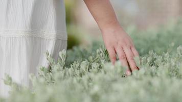 Close-up on the hand of a young girl touching the grass in slow-motion video