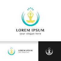 stock de diseño de logotipo de yoga. meditación humana en círculo con hojas arriba vector