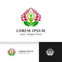 yoga logo design stock. human meditating surrounded by leaves vector