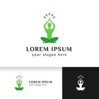 green yoga logo design stock. human meditation with leaves in above vector illustration in green color