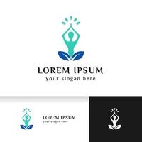 stock de diseño de logotipo de yoga. meditación humana en la parte superior de las hojas ilustración vectorial en color púrpura y rosa vector