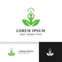 stock de diseño de logotipo de yoga. meditación humana en la parte superior de las hojas ilustración vectorial en color púrpura y verde vector