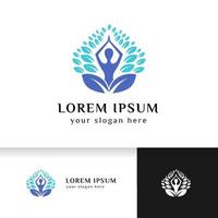 yoga logo design stock. human meditating surrounded by leaves vector