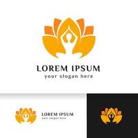 yoga logo design stock. human meditation in lotus flower vector illustration in orange color