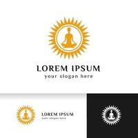 yoga logo design template. human meditation in the sunlight vector illustration in orange color