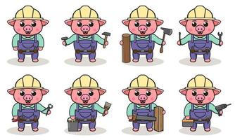 Pig Cute Handyman set vector